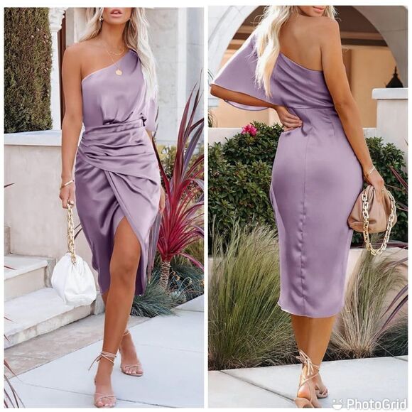 NWT ANRABESS Women's Satin Short Sleeve One Shoulder Cocktail Party Midi Dress - Picture 1 of 13